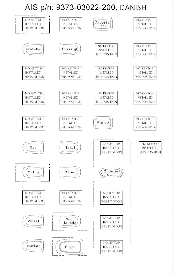 The image displays a sheet of labels or stamps with various Danish words and a part number
