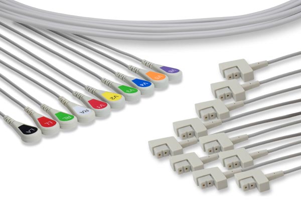 10-lead EKG patient cable with leadwires used for electrocardiogram (ECG) monitoring.