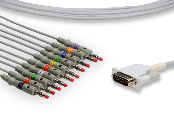 Close-up of a 10-lead ECG patient cable with multiple lead connectors for electrocardiogram recording.