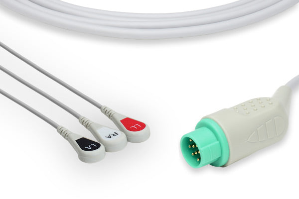 GE Healthcare compatible 3-lead direct-connect ECG cable with clip-type connectors