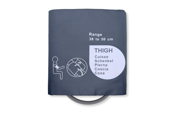 A reusable NIBP cuff designed for measuring blood pressure on the thigh, showing the range of 38 to 50 cm and illustrations of correct placement.