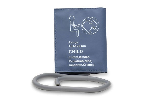A blue reusable NIBP cuff for pediatric single hose, with label indicating range 18 to 26 cm.