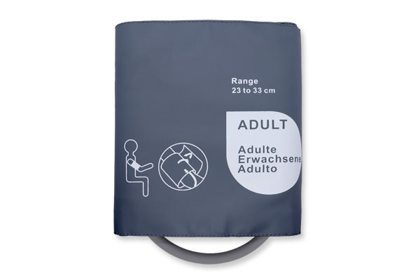A gray reusable NIBP cuff for adults with a single hose, marked with the range 23-33 cm and an illustration of a person sitting.