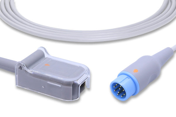 The image displays a SpO2 adapter cable. This is a medical device accessory used to connect a disposable SpO2 sensor to a patient monitor, facilitating the measurement of blood oxygen saturation
