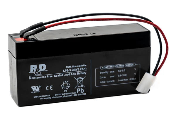 R&D LP8-3.2 rechargeable sealed lead acid battery rated 8V 3.2Ah, used for backup or portable power.