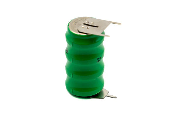 Close-up of a 3.6V Nickel Metal Hydride (NiMH) rechargeable battery for printed circuit board installation.