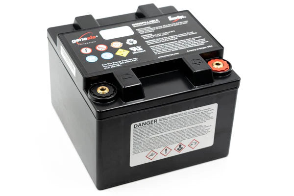 EnerSys Genesis 12EP26 (G26EP) sealed lead-acid battery with bilingual safety and caution labeling.