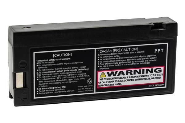 Rechargeable 12V 2Ah battery showing English and French caution and precaution text on the label.