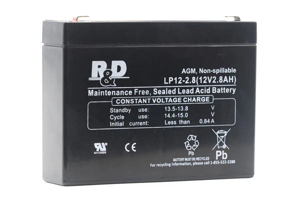 R&D LP12-2.8 sealed lead acid (SLA) battery, 12V 2.8Ah, used for backup power in medical and industrial equipment.