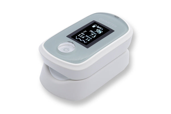 The item shown is a fingertip pulse oximeter, a compact medical device used to measure blood oxygen saturation (SpO2) levels and pulse rate