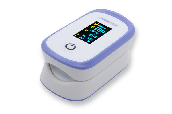 The item shown is a fingertip pulse oximeter, a compact medical device used to measure blood oxygen saturation (SpO2) levels and pulse rate