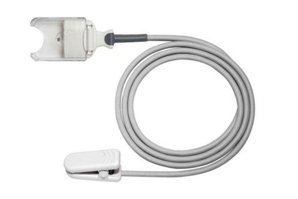 This medical device is a Masimo M-LNCS DCI reusable adult finger SpO2 sensor. It is used for continuous or spot-check monitoring of arterial hemoglobin oxygen saturation (\(\text{SpO}_{2}\)) and pulse rate.