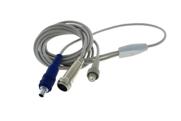 Medical cardiac output Y-connector cable with dual connectors branching from a single lead for clinical use.