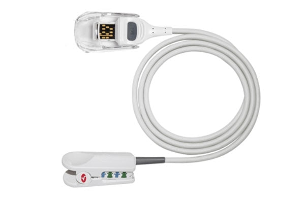 Reusable Masimo RD SET finger-clip SpO₂ sensor shown with attached cable and connector.