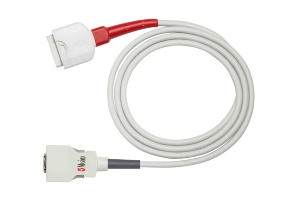 Close-up of a Masimo SpO₂ patient adapter cable with connectors on both ends for clinical monitoring.