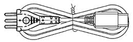 The image is a technical drawing of a power cord with specific plugs