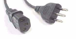 This is an AC power cable with an IEC 60320 C13 connector on one end and a Type D (Indian standard) or Type L (Italian standard) plug on the other