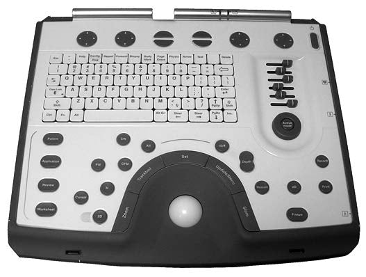 This is a control panel for a GE Vivid i portable ultrasound machine