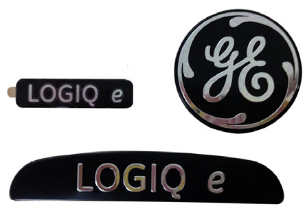 These are logos and badges for the GE LOGIQ e ultrasound system.