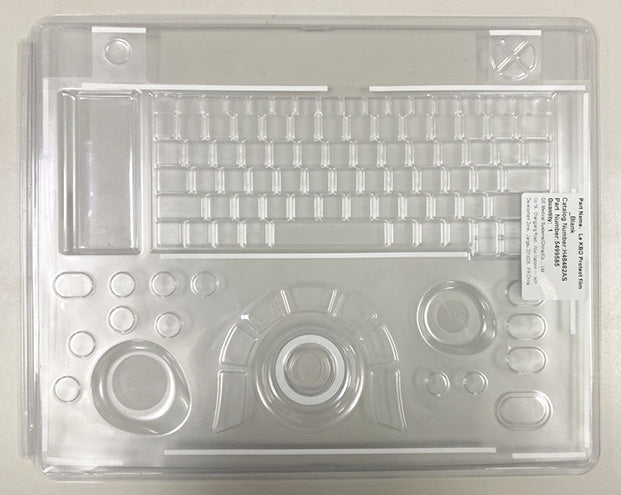 This is a clear plastic protective cover for the keyboard and trackpad of a GE Logiq e portable ultrasound machine.