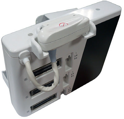 This is a GE HealthCare Logiq E 3-Probe Box Assembly (part of an ultrasound cart accessory)