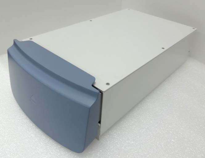 This appears to be a METCASE Unimet metal enclosure, specifically a version with a blue front bezel