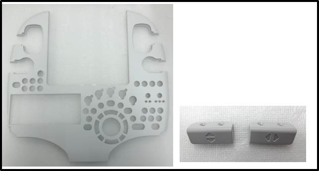 The image displays replacement parts for a DJI Phantom 4 drone, specifically