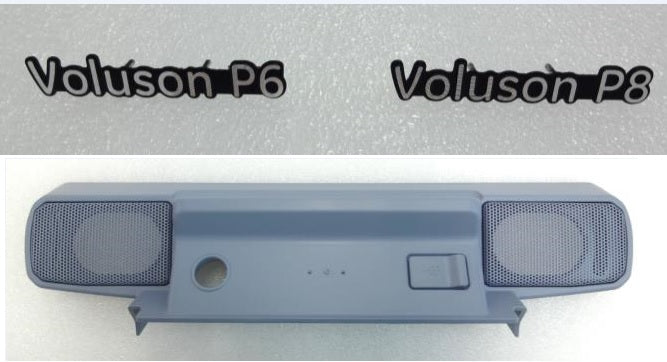 The image shows components of the GE Voluson P6 and Voluson P8 ultrasound machines.