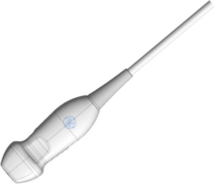 The image displays an ultrasound transducer (also known as a probe).