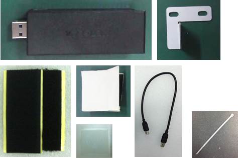 This appears to be a kit for a USB wireless adapter, which includes the adapter itself and various mounting accessories
