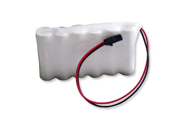 The image displays a nickel-cadmium (Ni-Cd) rechargeable battery pack, commonly used in cordless phones and emergency lighting systems.