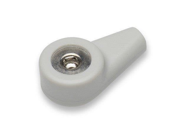 Close-up of a banana plug to snap connector adapter designed for ECG lead connections and anti-static grounding uses.