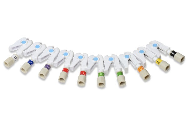 EKG/ECG electrode adapters, also referred to as banana adapters or adapter clips, used to connect lead wires to monitoring equipment.