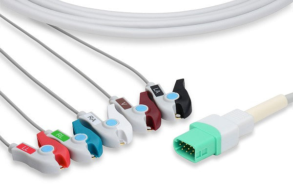 This is a medical 5-lead ECG cable used with patient monitors to measure an electrocardiogram