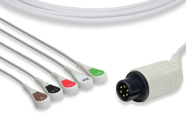 This is a medical 5-lead ECG cable used with patient monitors to measure an electrocardiogram