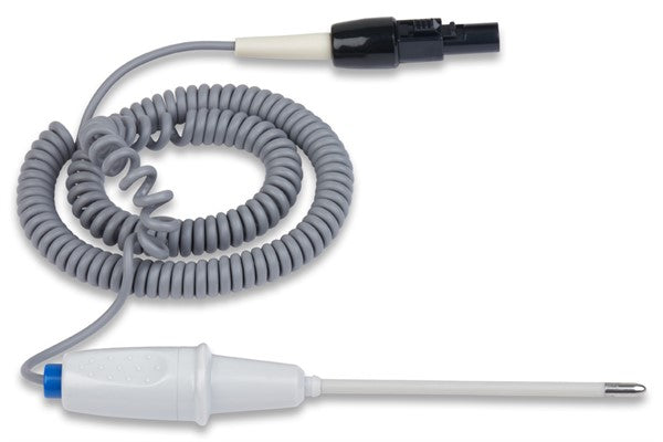 Mindray/Datascope compatible reusable temperature probe with coiled lead and 2-pin connector for multi-patient use
