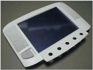 The image shows a GE Logiq E9 upper operator panel/touchscreen