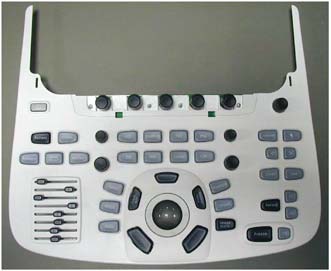 This is a lower operating panel for a GE Vivid E-series cardiovascular ultrasound machine