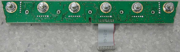 This is a printed circuit board (PCB) featuring six rotary encoders or potentiometers, designed for use as a control interface.