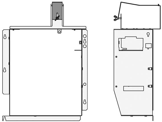 The image is a technical drawing, likely from a user manual, showing the front and side views of an industrial electronic enclosure or power distribution unit.