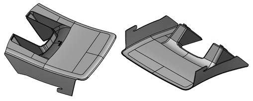 This image displays CAD drawings of a plastic end cap or cover, likely for a trunking system or a vehicle part