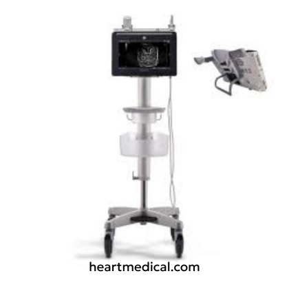 GE Healthcare Venue Fit ultrasound system with touchscreen console and probe on mobile cart in clinic