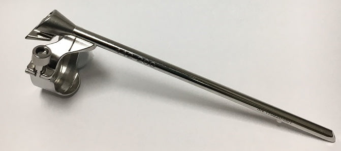 This is a reusable stainless steel biopsy needle guide for an ultrasound probe
