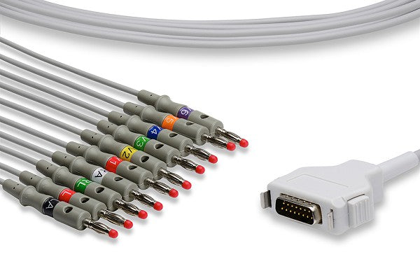 10-lead ECG patient cable with a 15-pin D-sub connector on one end and 4mm banana plugs on the other.