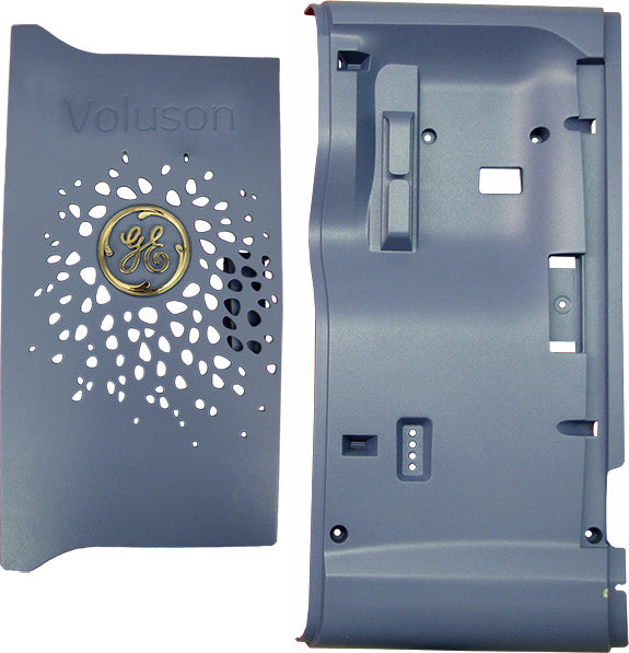 The image shows components of a GE Healthcare Voluson E10 ultrasound machine