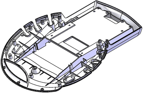 The image is a CAD rendering of the bottom internal housing of a computer mouse, likely a Logitech M235 model