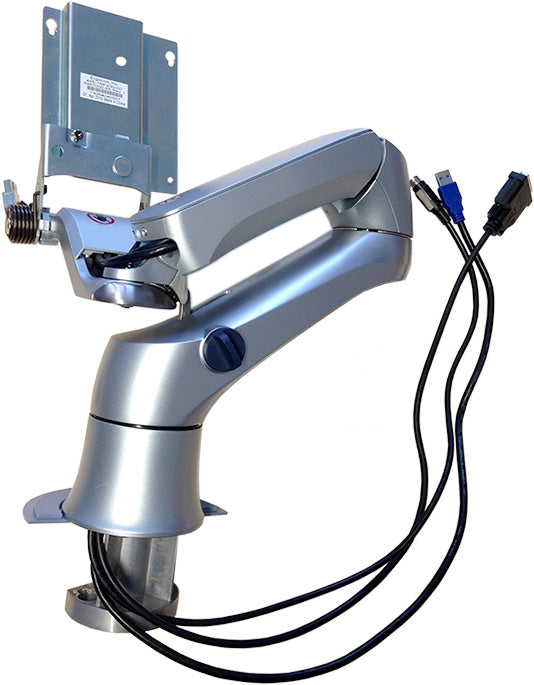 This is an adjustable computer monitor arm designed to mount a display to a desk or wall