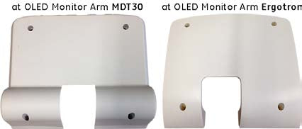 The image displays two types of VESA adapters for monitor arms