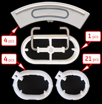 The image displays various white plastic and metal component parts, with labels indicating the quantity of each piece