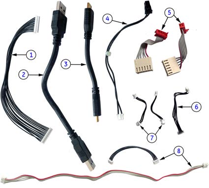 The image displays various types of internal computer cables and wire harnesses